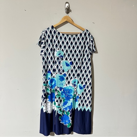 R&K Women’s Plus Size 2X Geometric Floral Print Dress – Navy/Blue - Picture 2 of 7